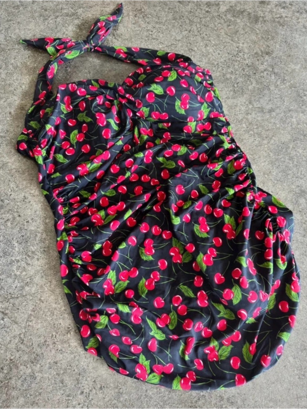 Cherry Print Vintage Betty Page Cut One Piece Halter Plus 2X Swimsuit Rockabilly